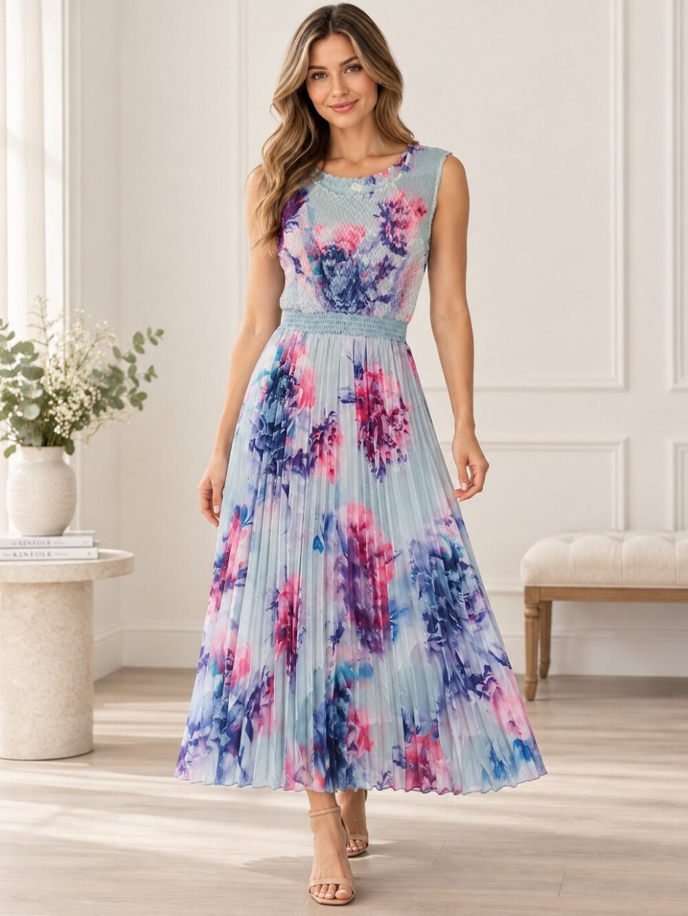 Komarov Floral Crinkle Pleated Maxi Dress Size L Made in USA Wedding Guest